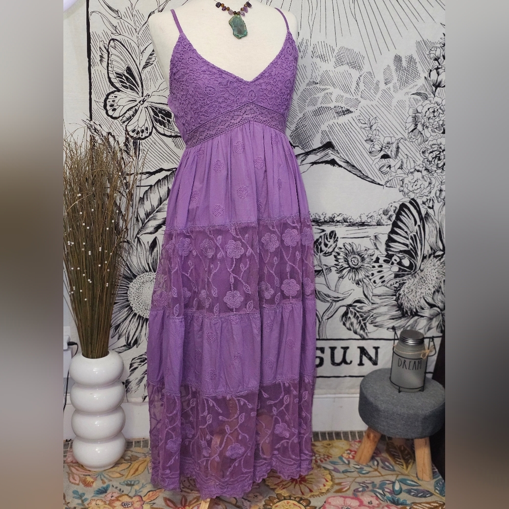 David Long Lace Purple Tiered Dress "Abito Lungo In Pizzo" Small